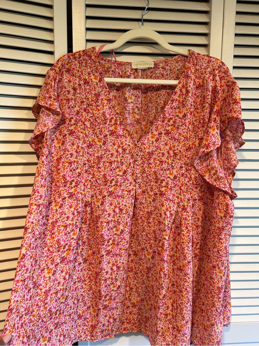 💐Cynthia Rowley Floral Ruffle-Sleeve V-Neck Top, 3x Fluttery Summer Ease